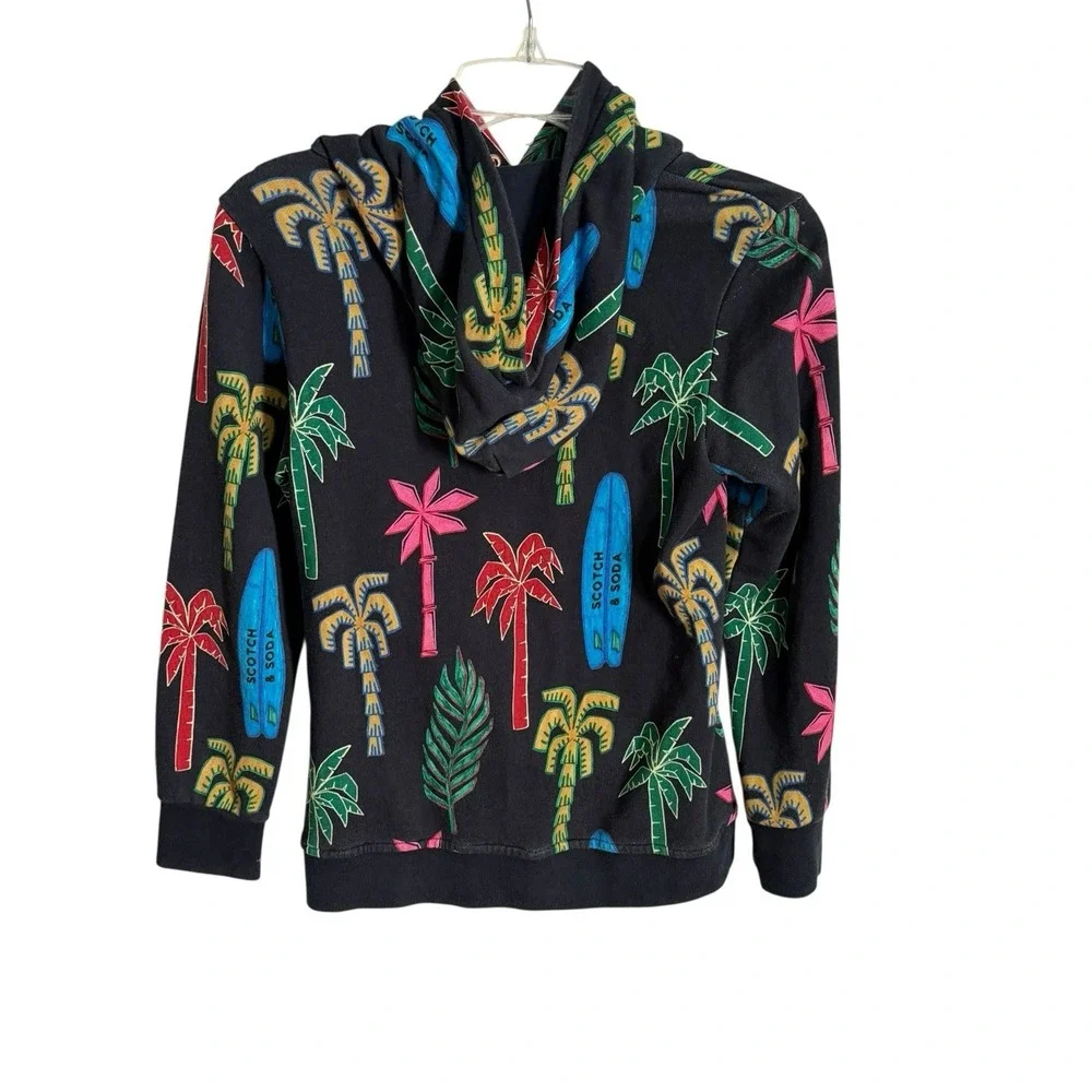 Scotch & Soda Vacation Shirt Black Hoodie Surf Palm Trees Pocket Logo Boys SZ 10